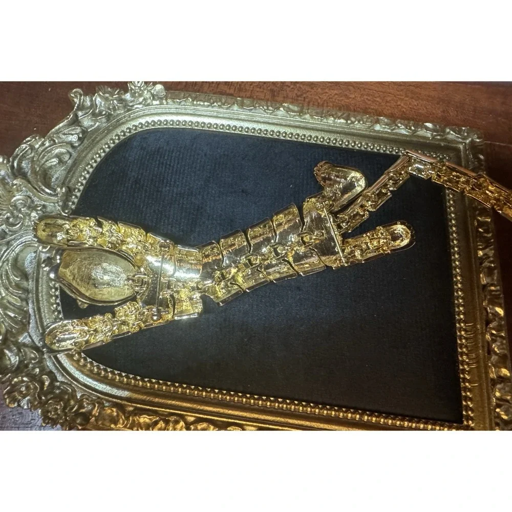 Vintage Articulated Panther Leopard Brooch Gold Tone Green Eyes Statement Jewelr